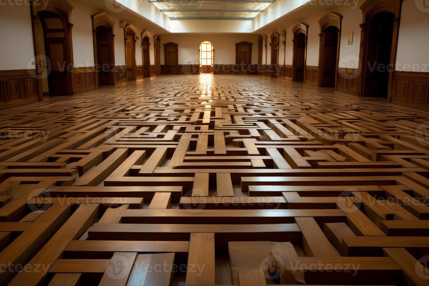 Wooden maze floor covering an entire hallway with many doors photo