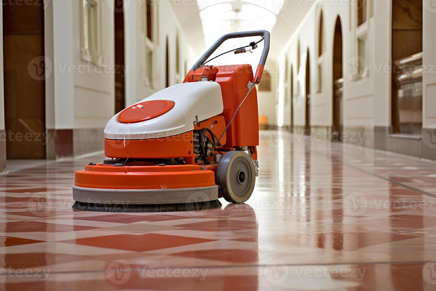 Floor cleaning machine scrubbing and polishing corridor floor photo