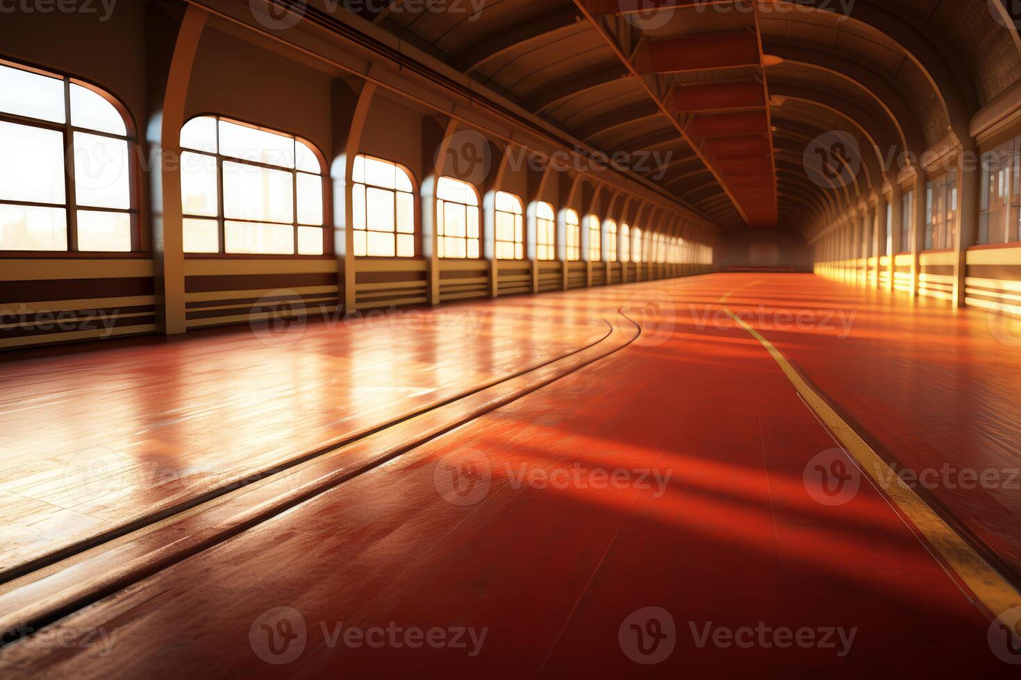 Empty indoor running track in a modern building with sunlight shining through windows photo