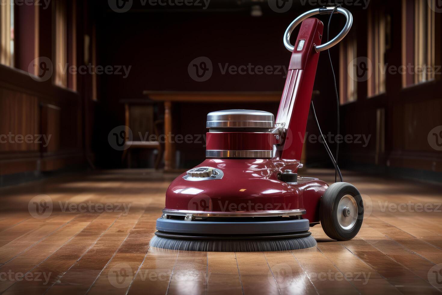 Floor buffer cleaning and polishing hardwood floor in large room photo