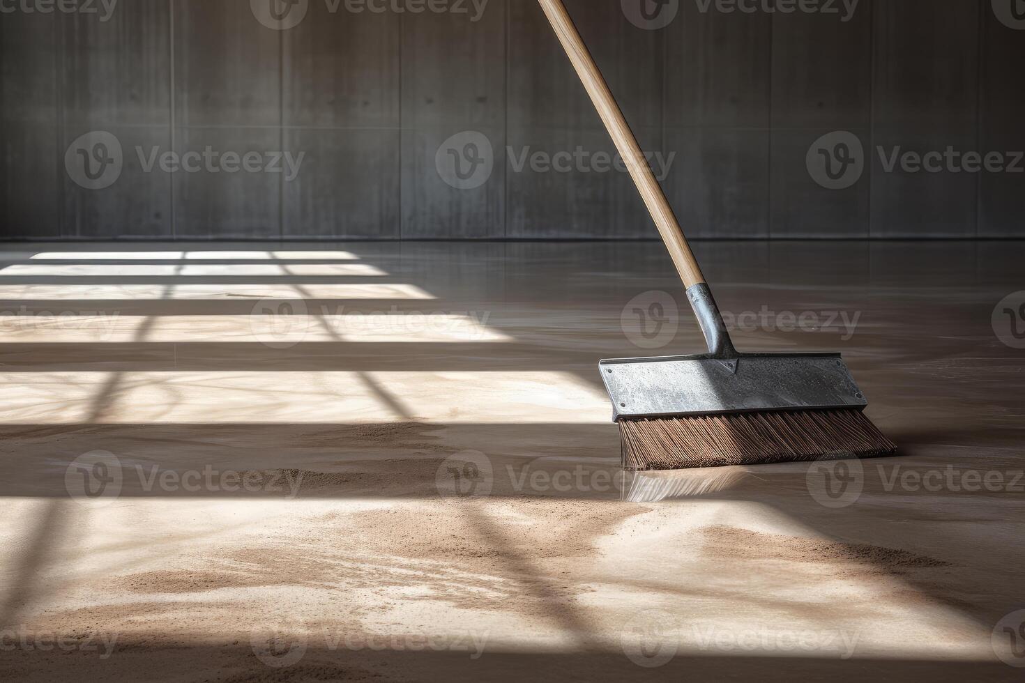 Push broom sweeping dust and debris on concrete floor in sunlit room photo