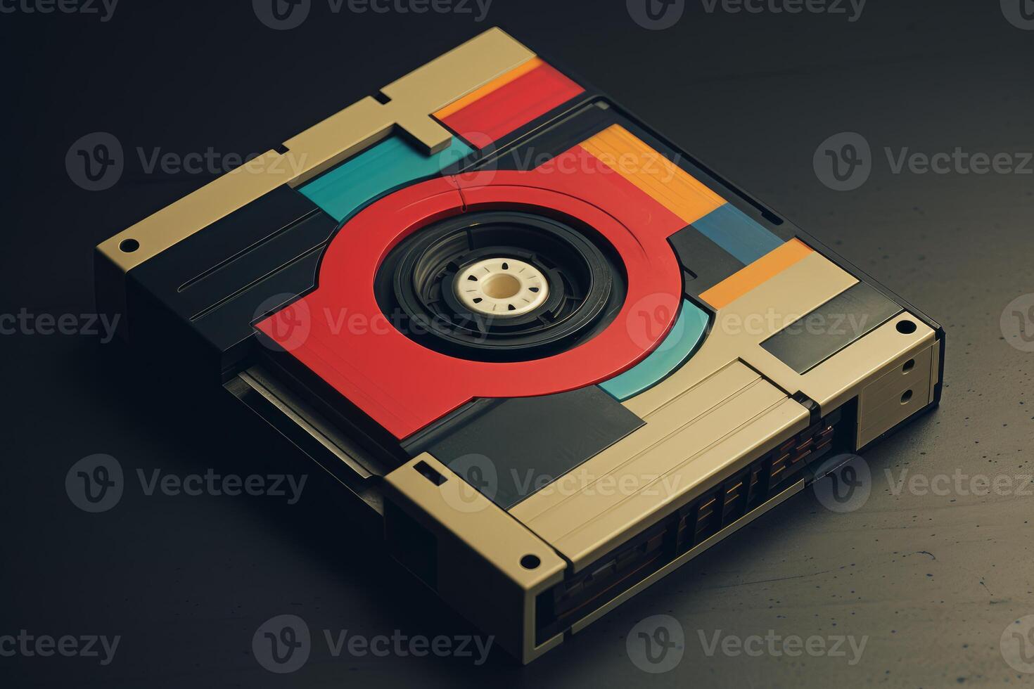 Colorful vintage cassette resting on dark surface photo