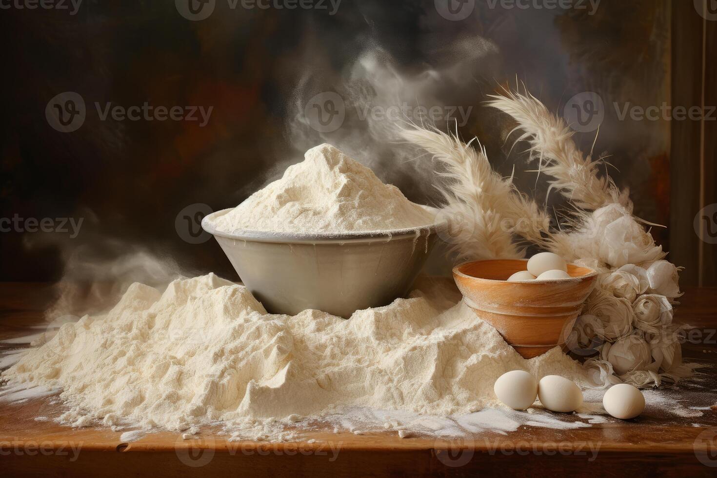 Steaming flour, eggs, and dried flowers create rustic bakery scene photo