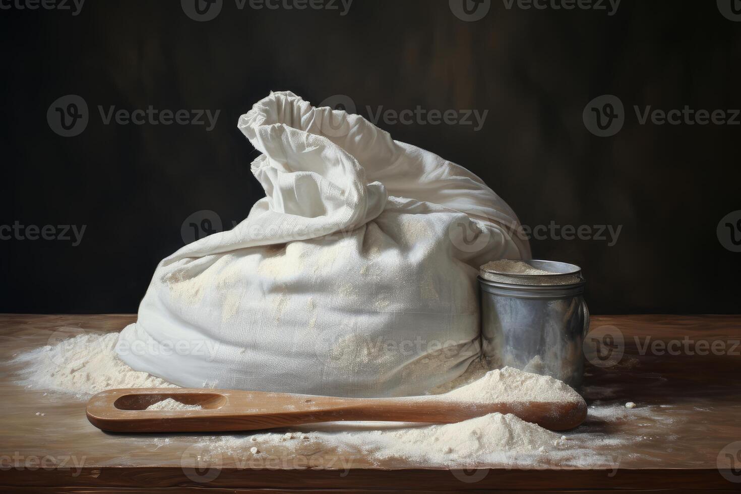 Open sack of flour with wooden spoon and metal container on rustic table photo