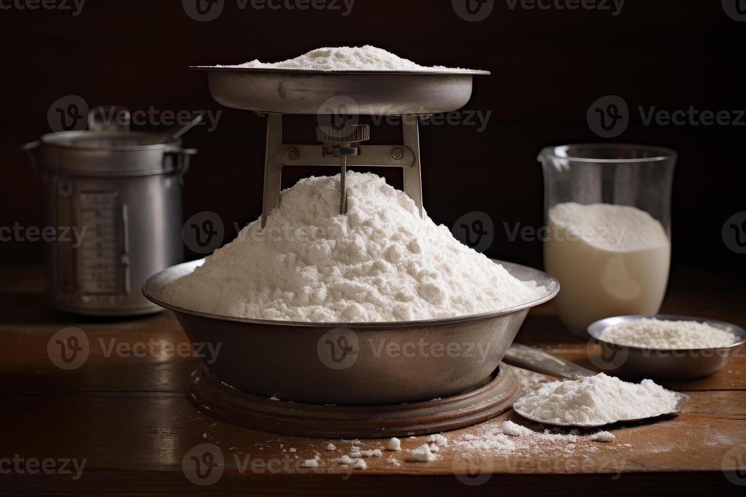 A bowl of flour sits on a table next to a measuring cup photo