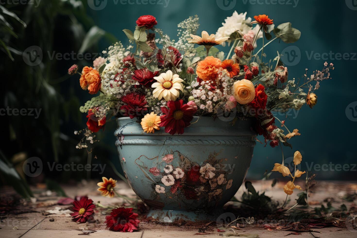 Colorful bouquet of flowers resting in a vintage vase with floral pattern photo