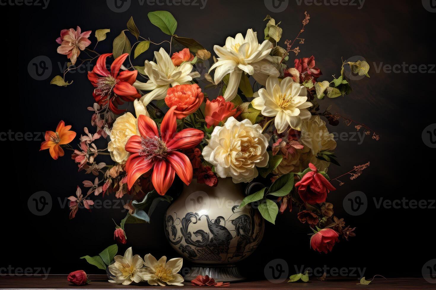 Colorful bouquet of flowers sitting in a decorative vase on a wooden table photo