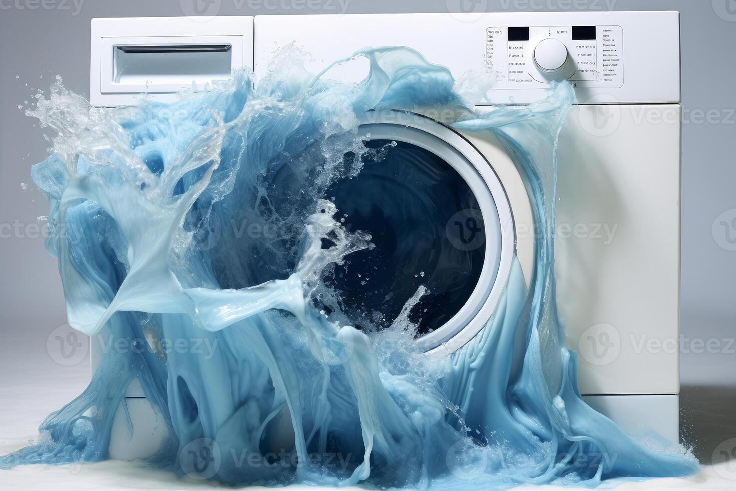 Washing machine overflowing with blue gel on grey background photo