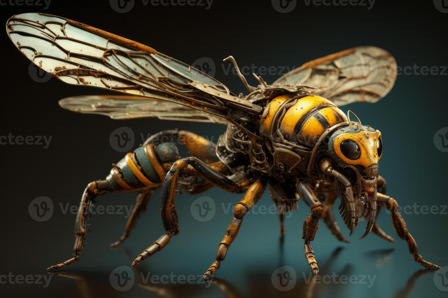 Mechanical robotic wasp showing gears and wires in futuristic cyberpunk style photo