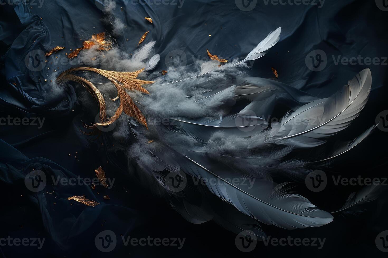 White feathers and golden decoration floating on dark blue cloth photo