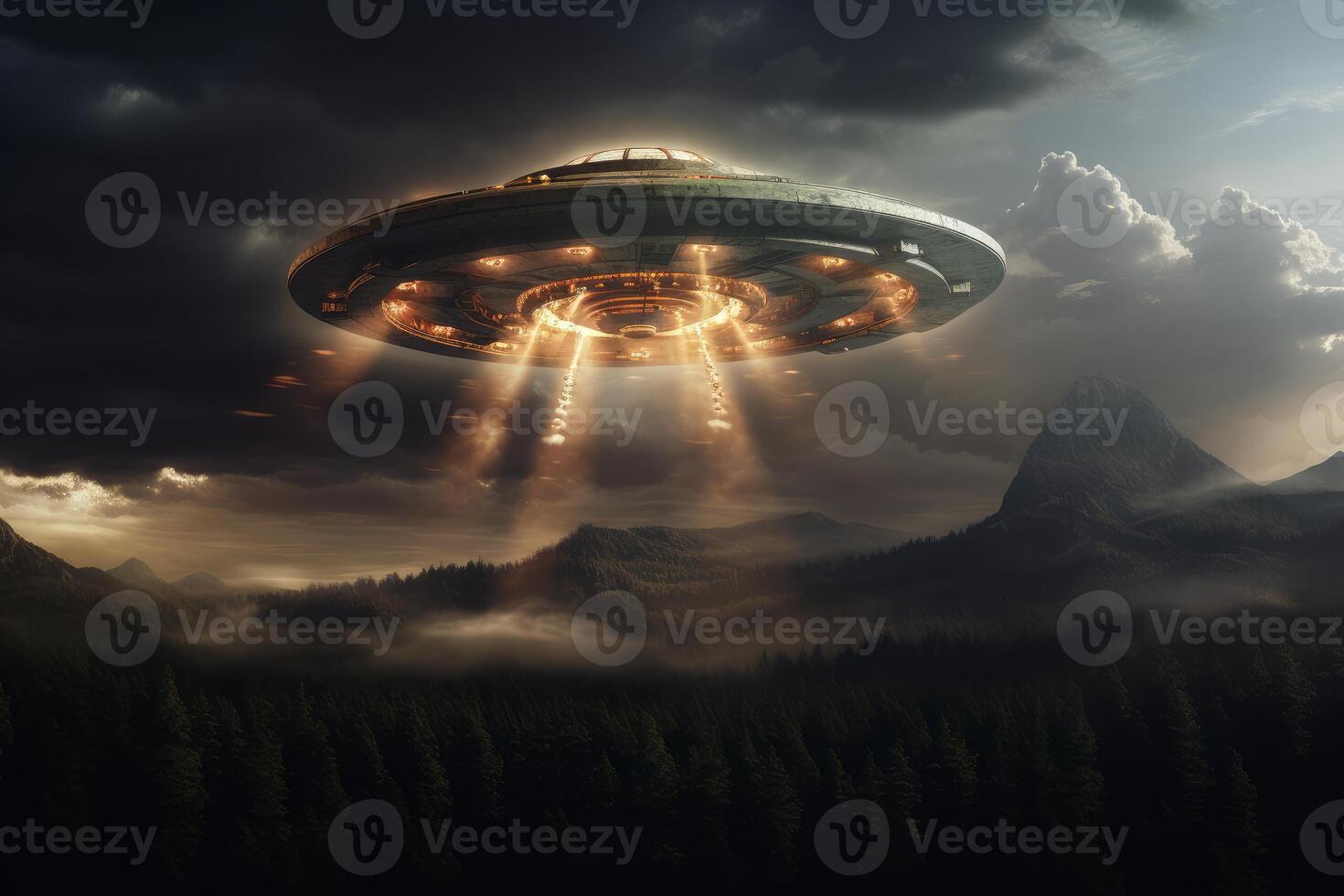 Spaceship hovering over forest emitting light beams at dusk photo