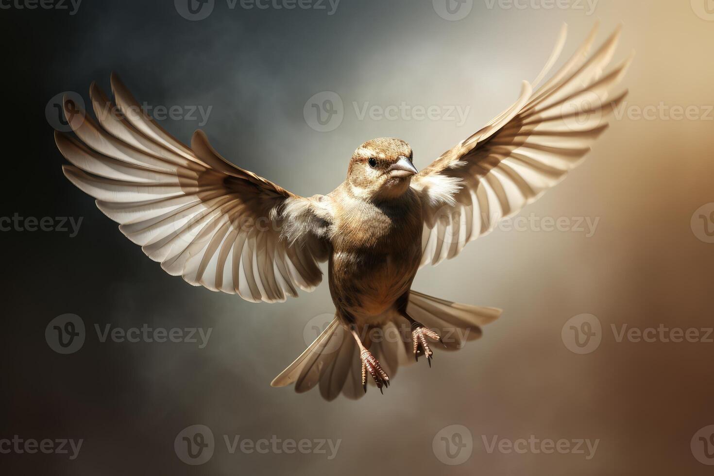 House sparrow flying with spread wings in cloudy sky photo