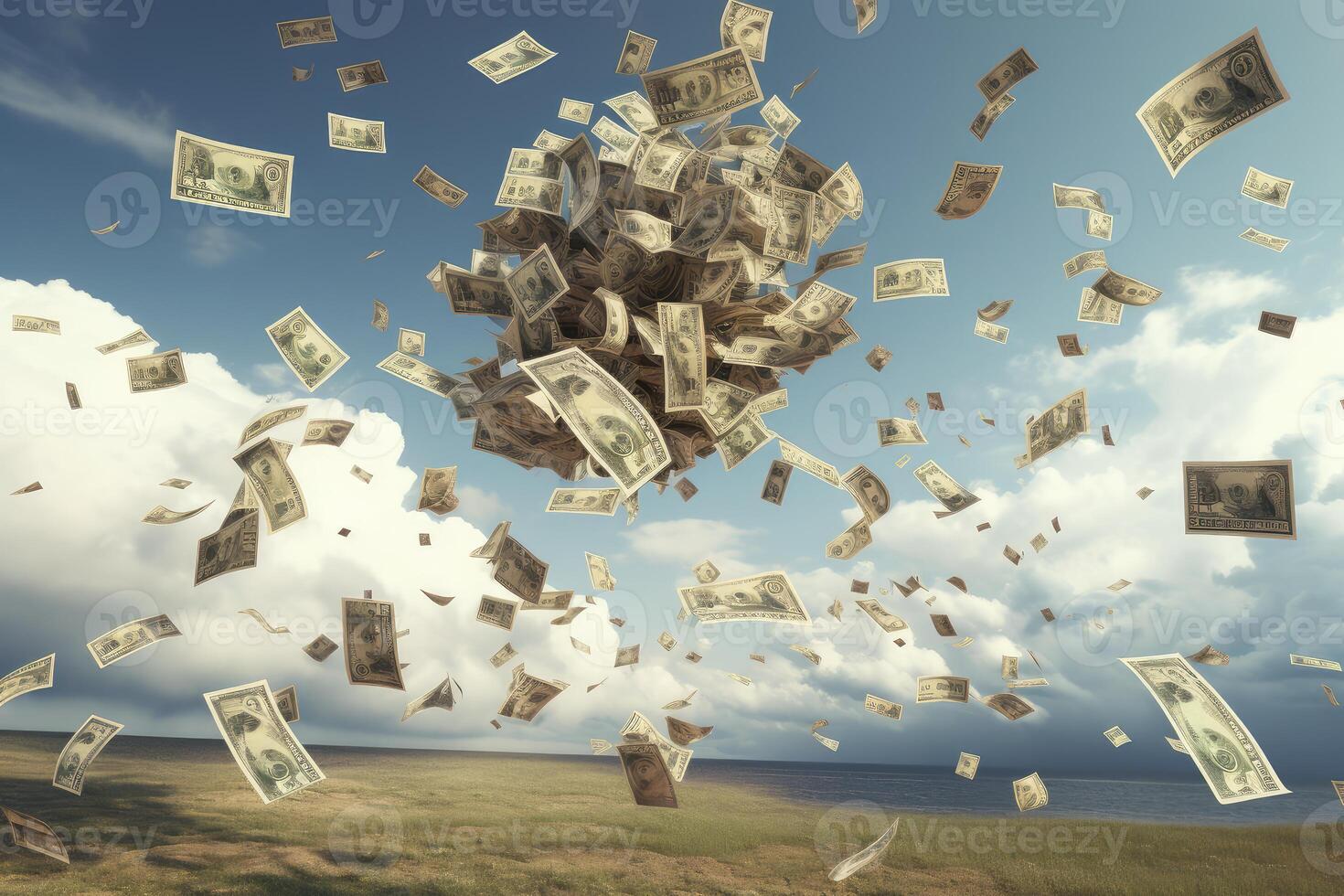 Money falling from sky creating sphere above grass field and sea under cloudy sky photo