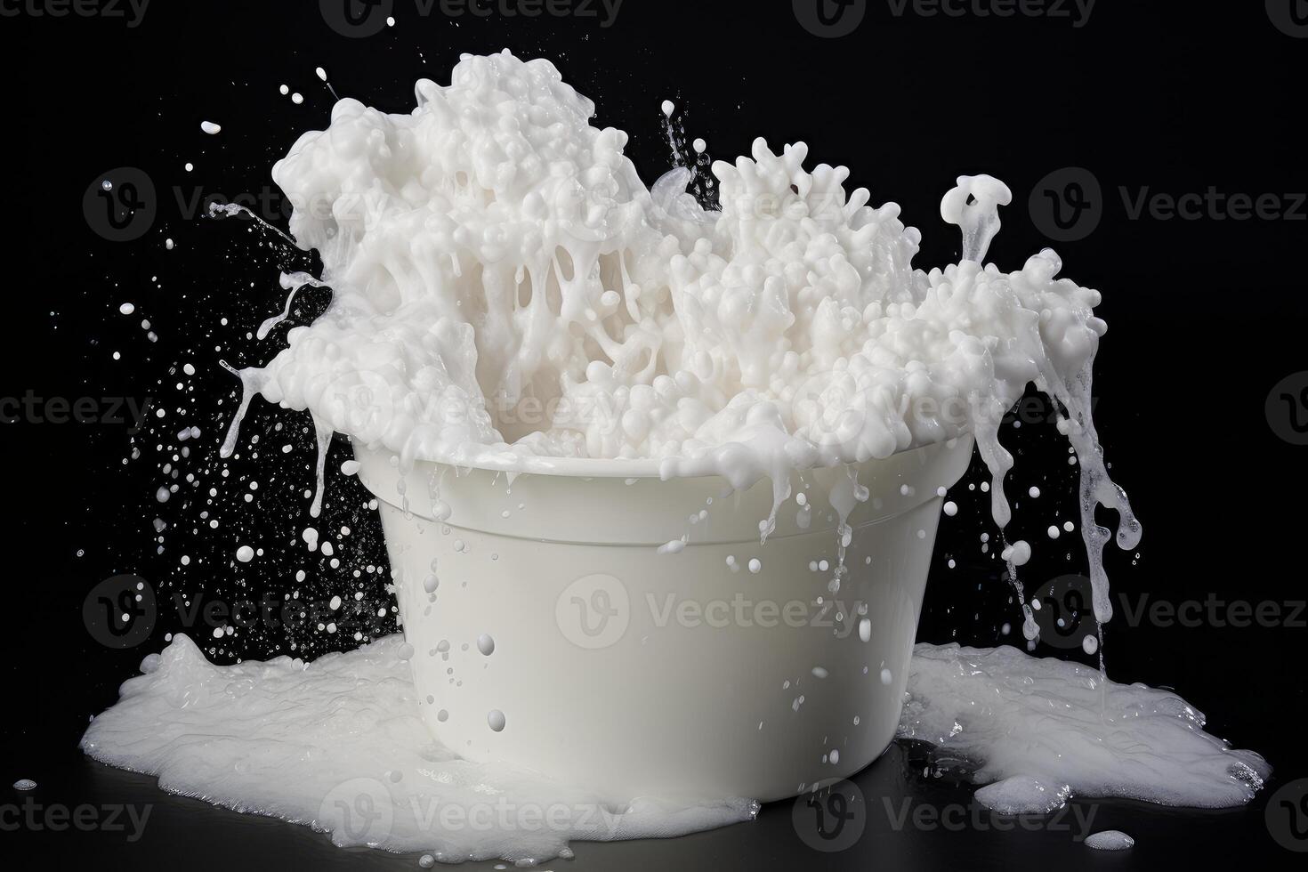 White foam exploding from a plastic bucket on black background photo