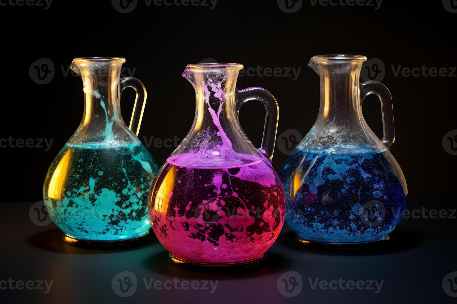 Colorful swirling liquids mixing in glass flasks creating chemical reaction photo