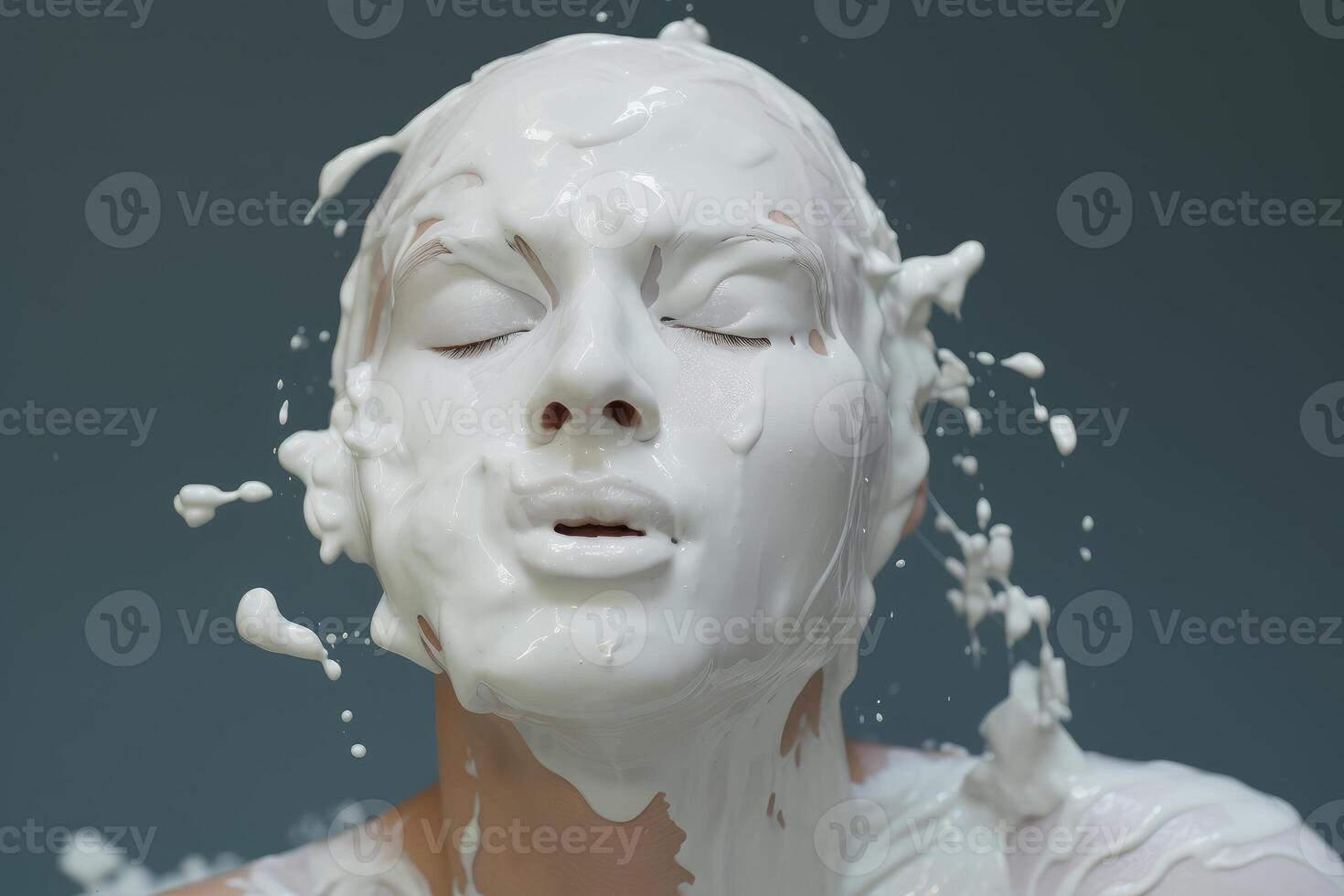 Woman covered in white cream with eyes closed, feeling the splash photo