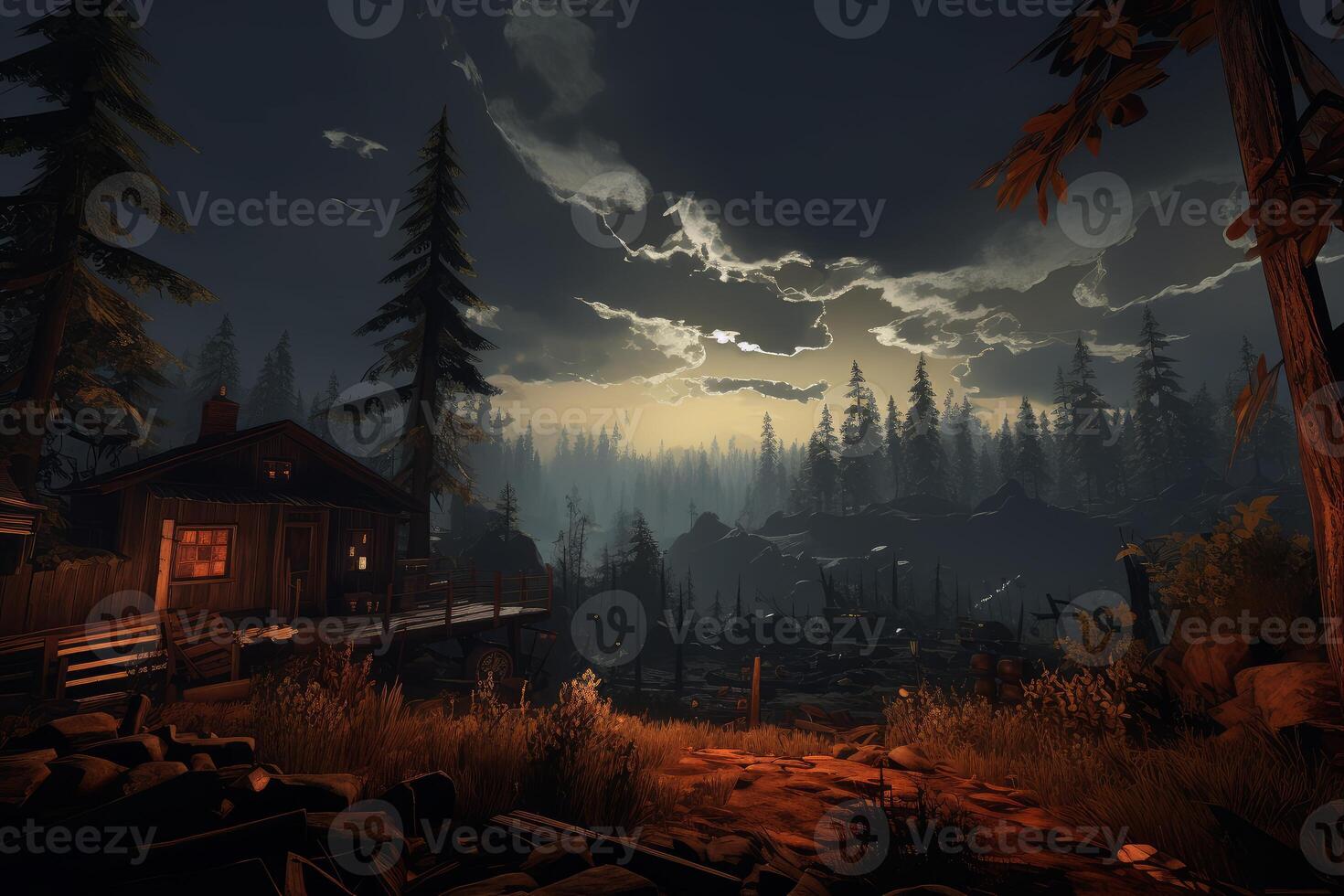 Wooden cabin illuminating the dark forest at sunset photo