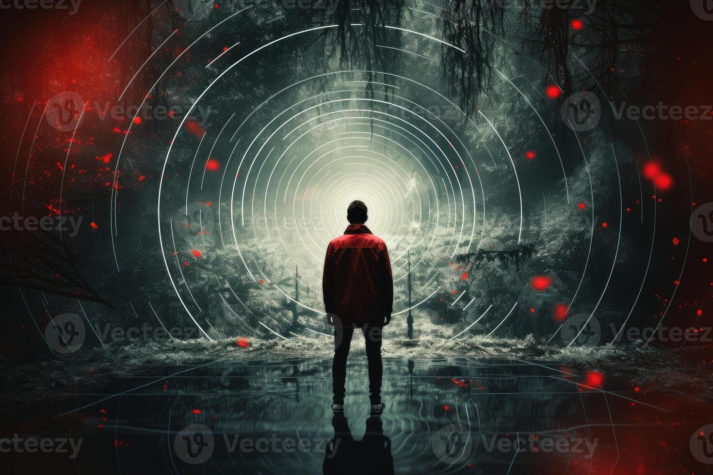 Man walking into glowing light at end of dark tunnel photo