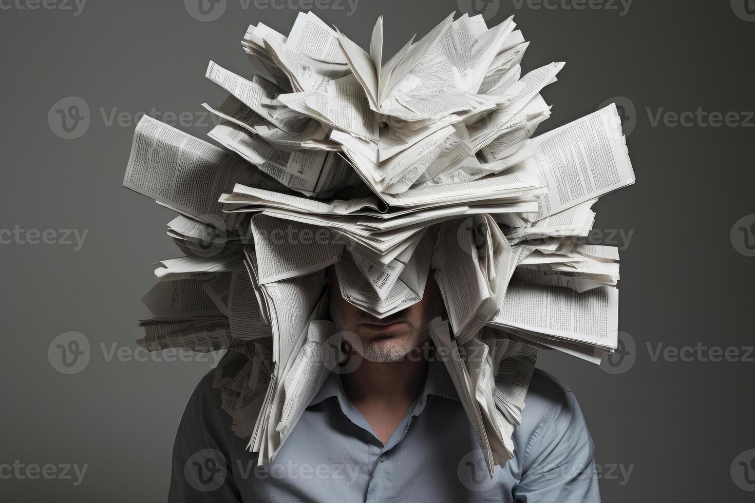 Businessman covering face with newspaper pages expressing information overload photo