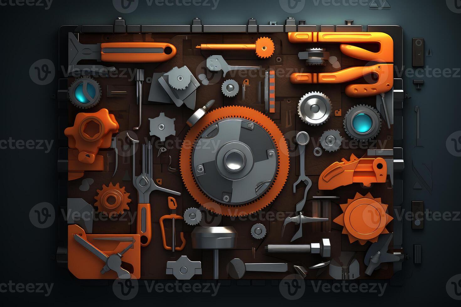 Toolkit with gears, wrenches, and hammers forming intricate design photo