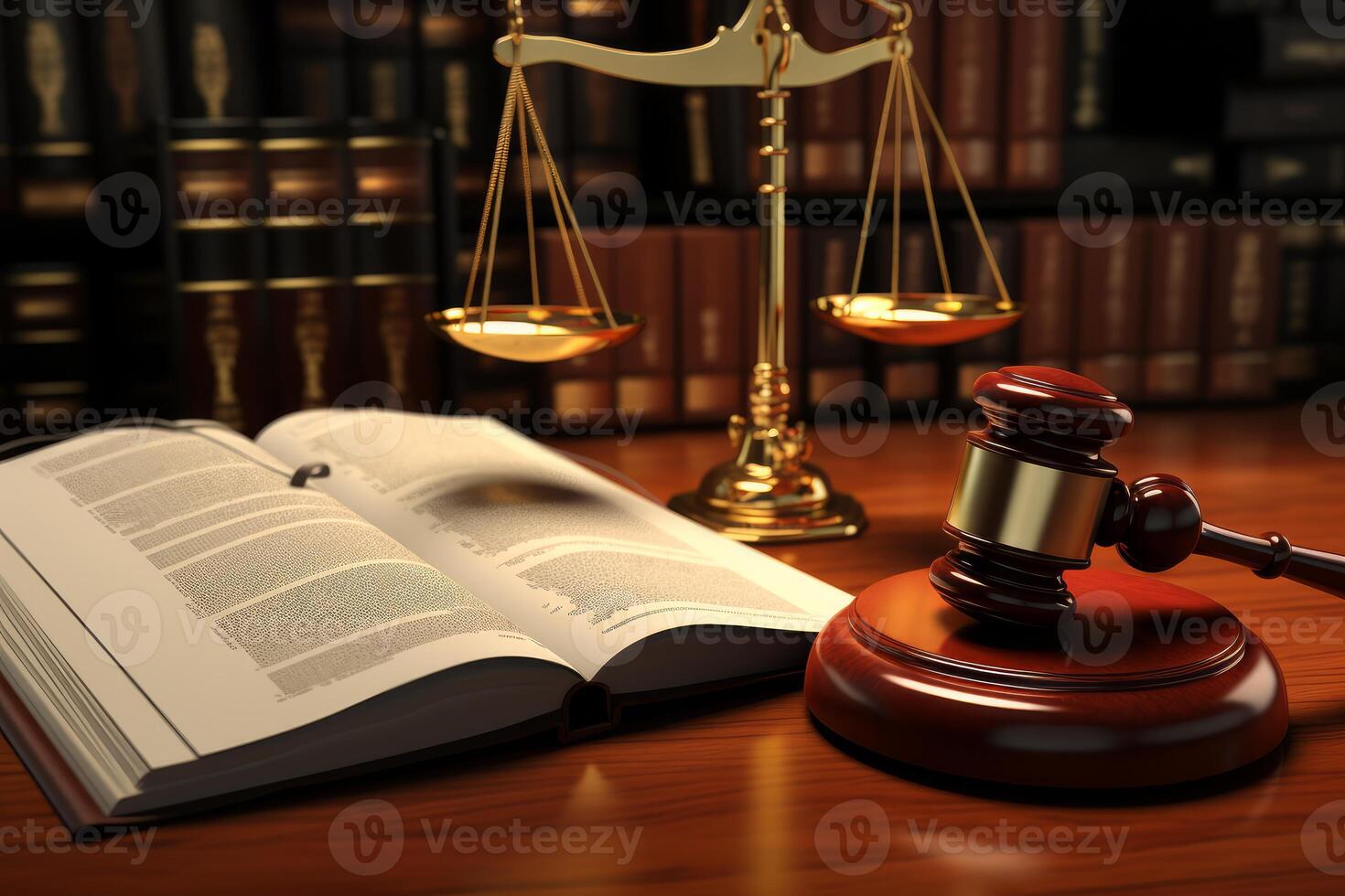Legal concept with gavel, scales of justice and law book on wooden desk in a law library photo
