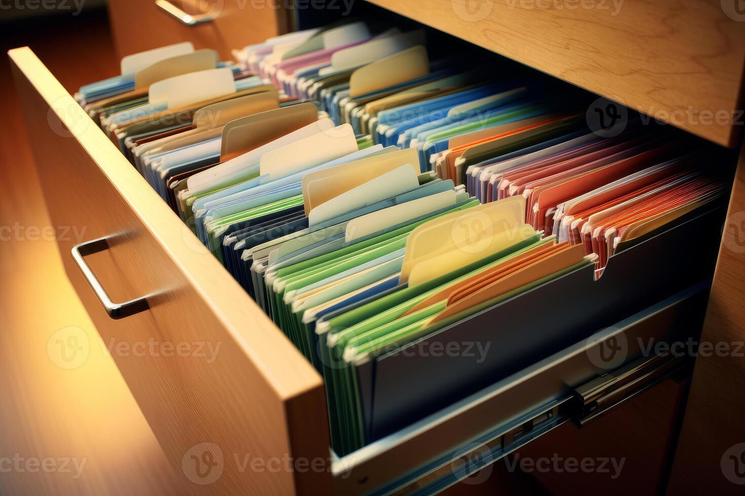 Open filing cabinet drawer showing organized files with color coded tabs photo
