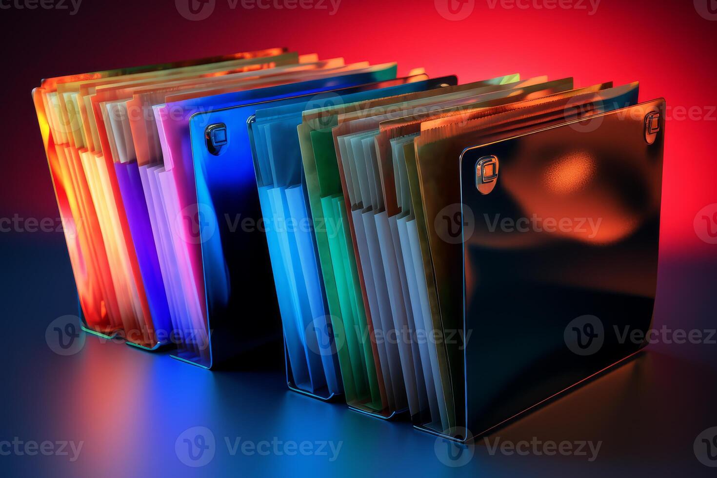 Colorful hanging folders containing documents representing organization and data management photo