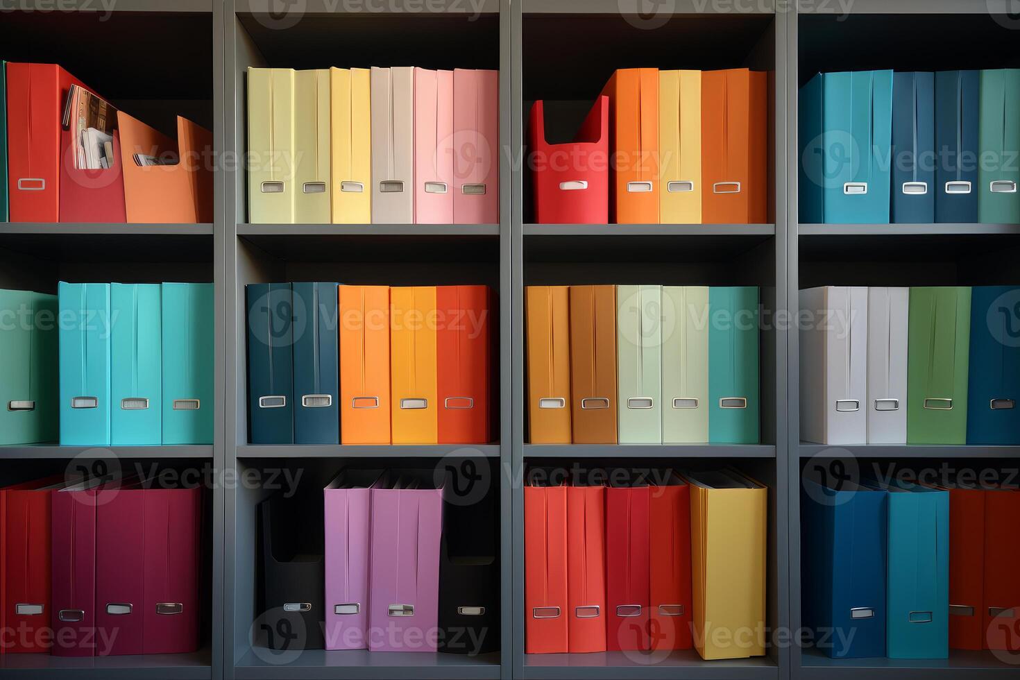 Colorful ring binders filling modern grey shelves, promoting organization and efficiency photo