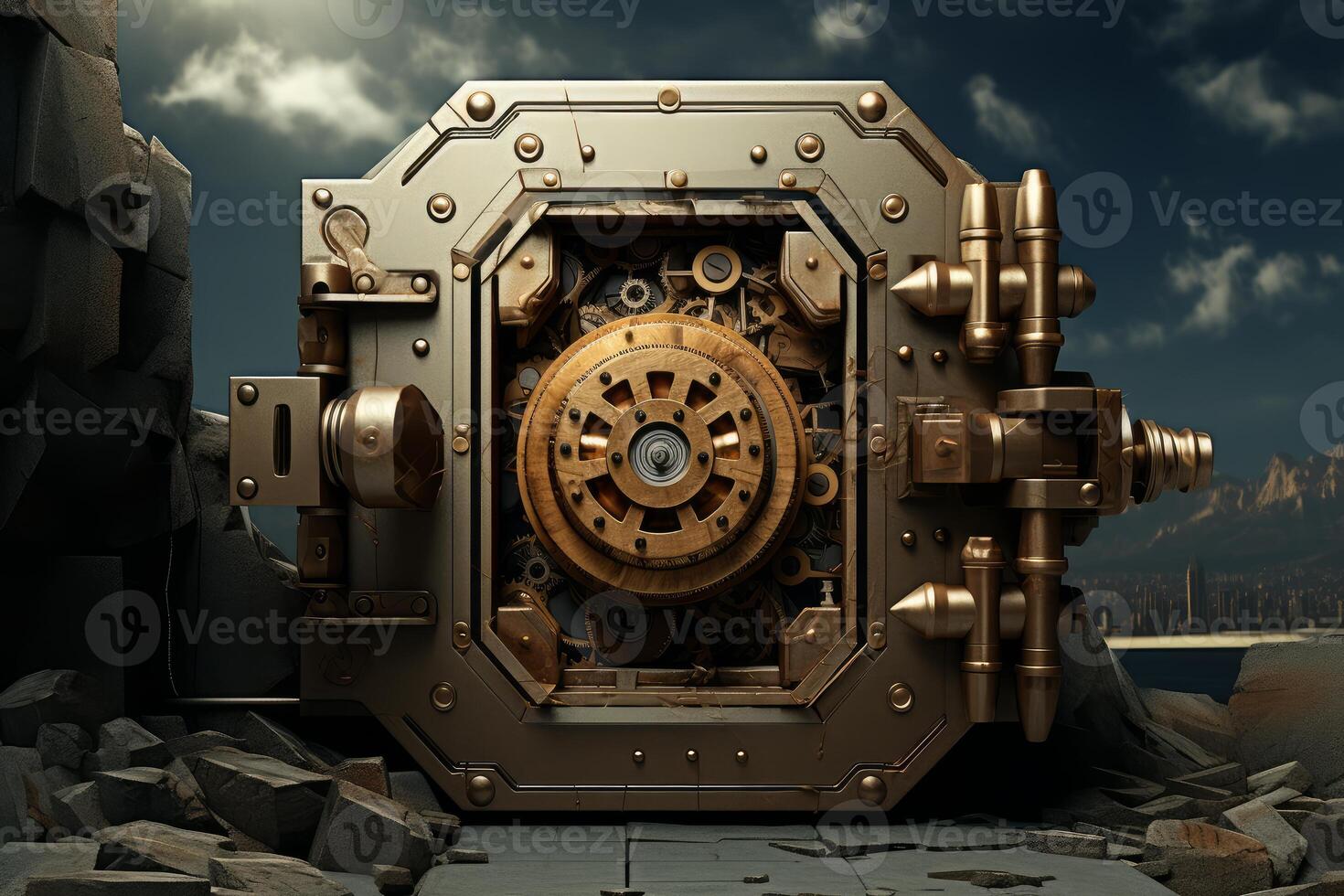 Open vault door revealing intricate clockwork mechanism and gears photo