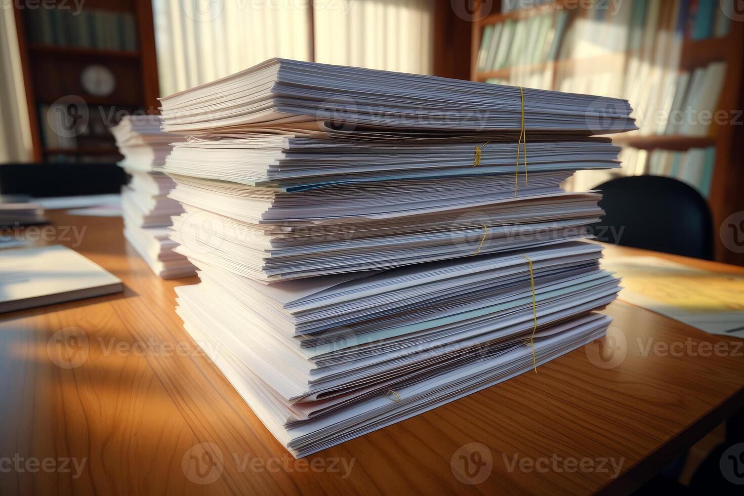 Stacks of paperwork sitting on a desk in an office photo