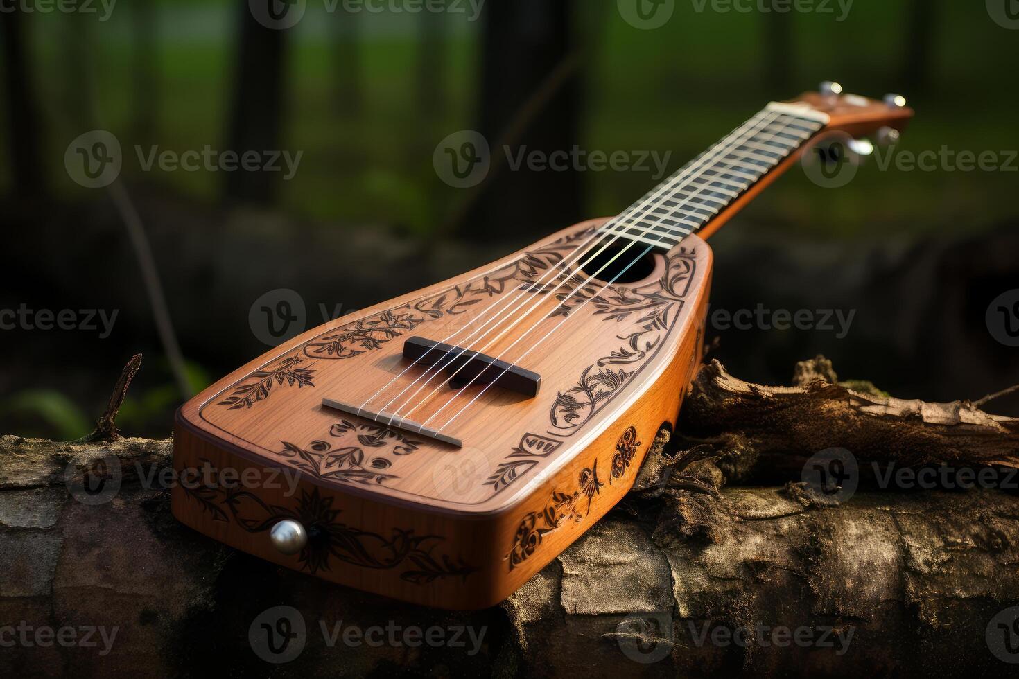 Handcrafted wooden ukulele resting on a log in a forest setting photo
