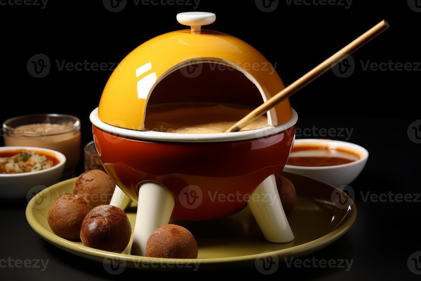 Ceramic pot with cheese fondue, bread balls and dipping sauces on black background photo