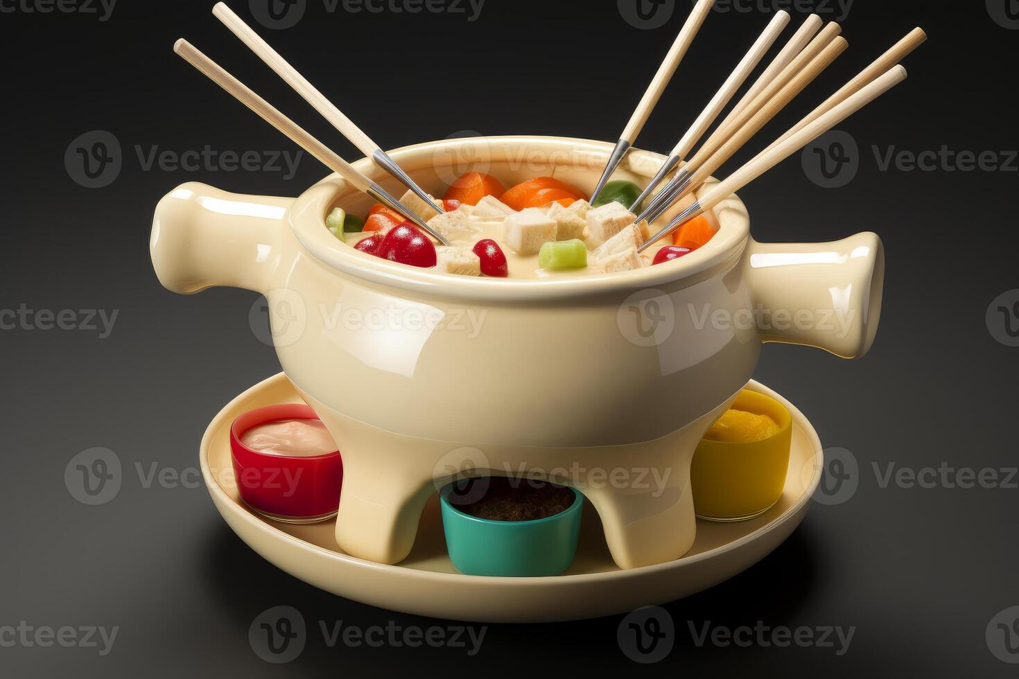 Delicious cheese fondue with dipping sauces warming on a pot photo