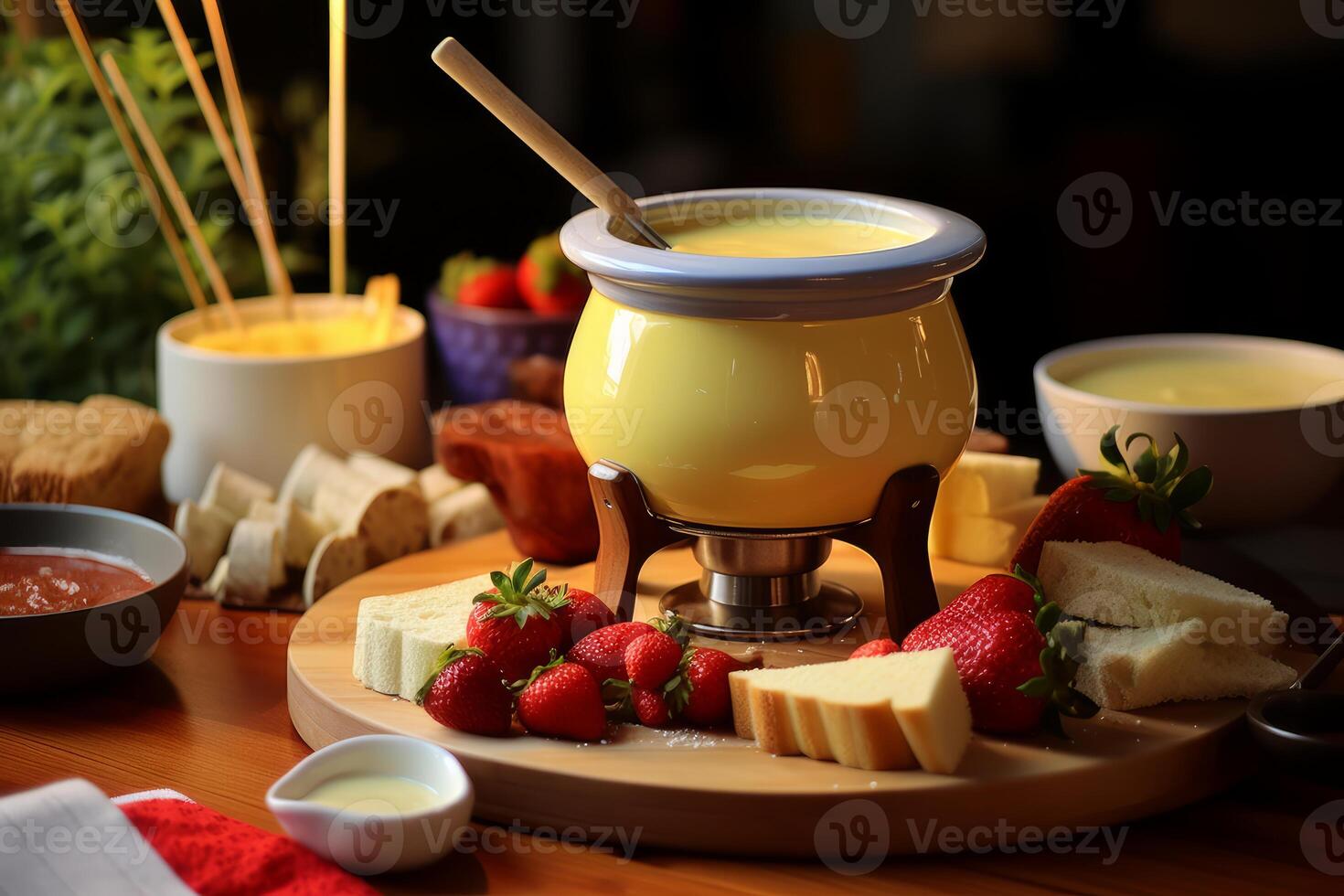 Delicious vanilla or white chocolate fondue with strawberries and pound cake slices photo