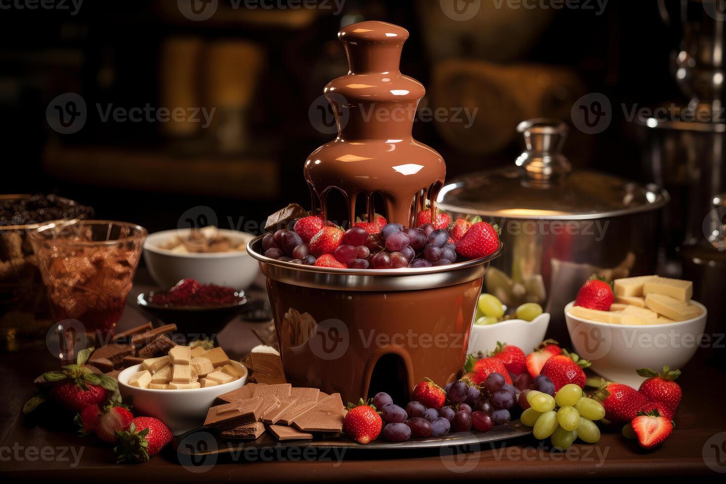 Delicious chocolate fountain dripping with melted chocolate over fresh fruit and various chocolates photo