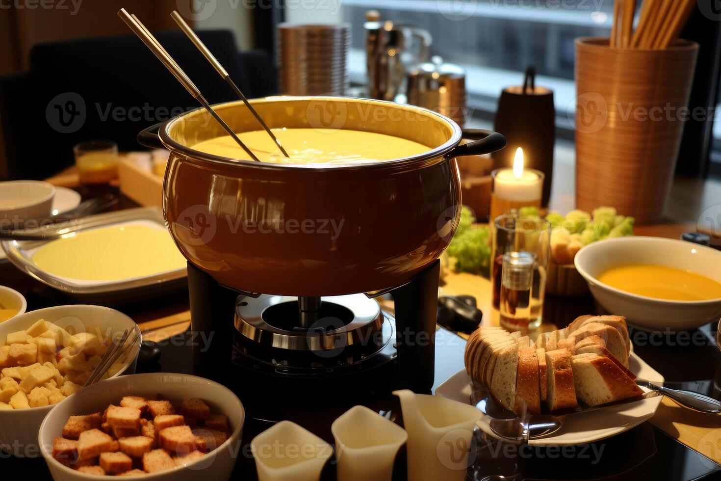 Cheese fondue pot with bread and croutons warming on a table photo