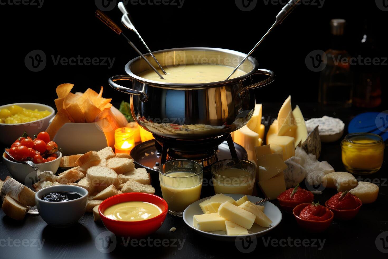Cheese fondue with dipping sauces and side dishes warming on a festive table photo