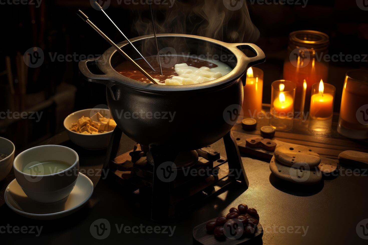 Steaming fondue pot with dipping food and candles creating cozy ambiance photo