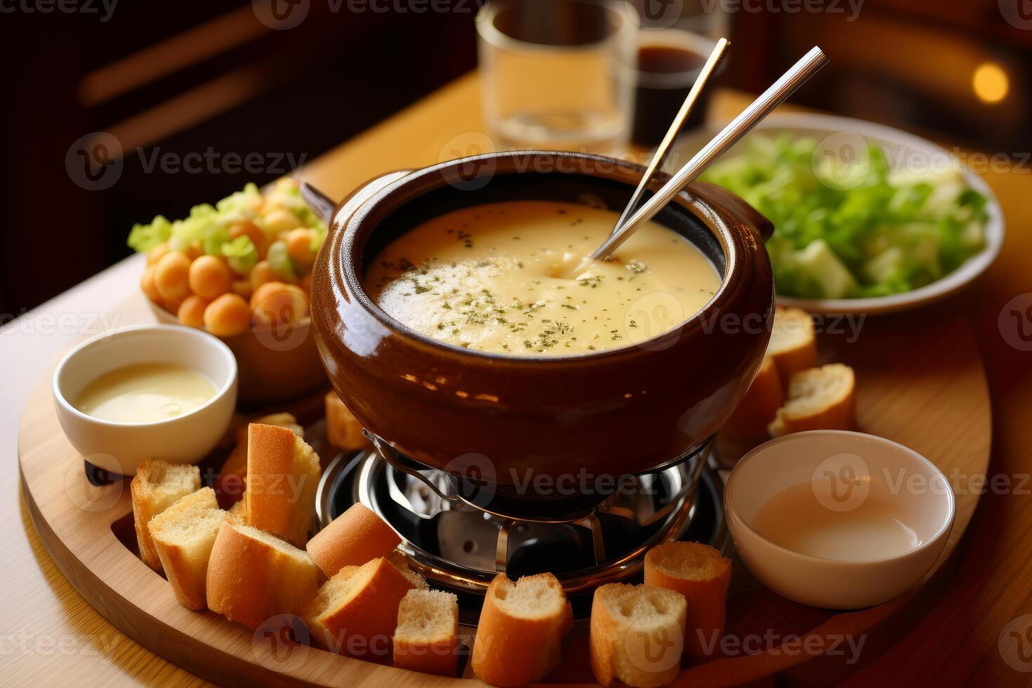 Delicious cheese fondue with bread, potatoes, and salad on wooden board photo