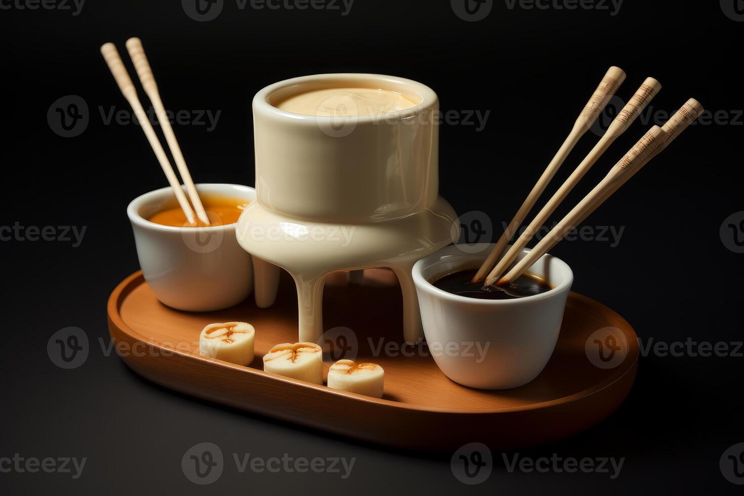 Delicious cheese fondue with sauces and bread on wooden tray photo