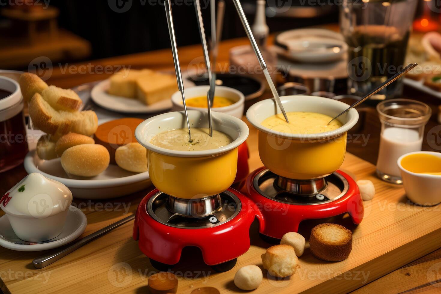 Two cheese fondues warming on a wooden table with bread and dipping sauces photo