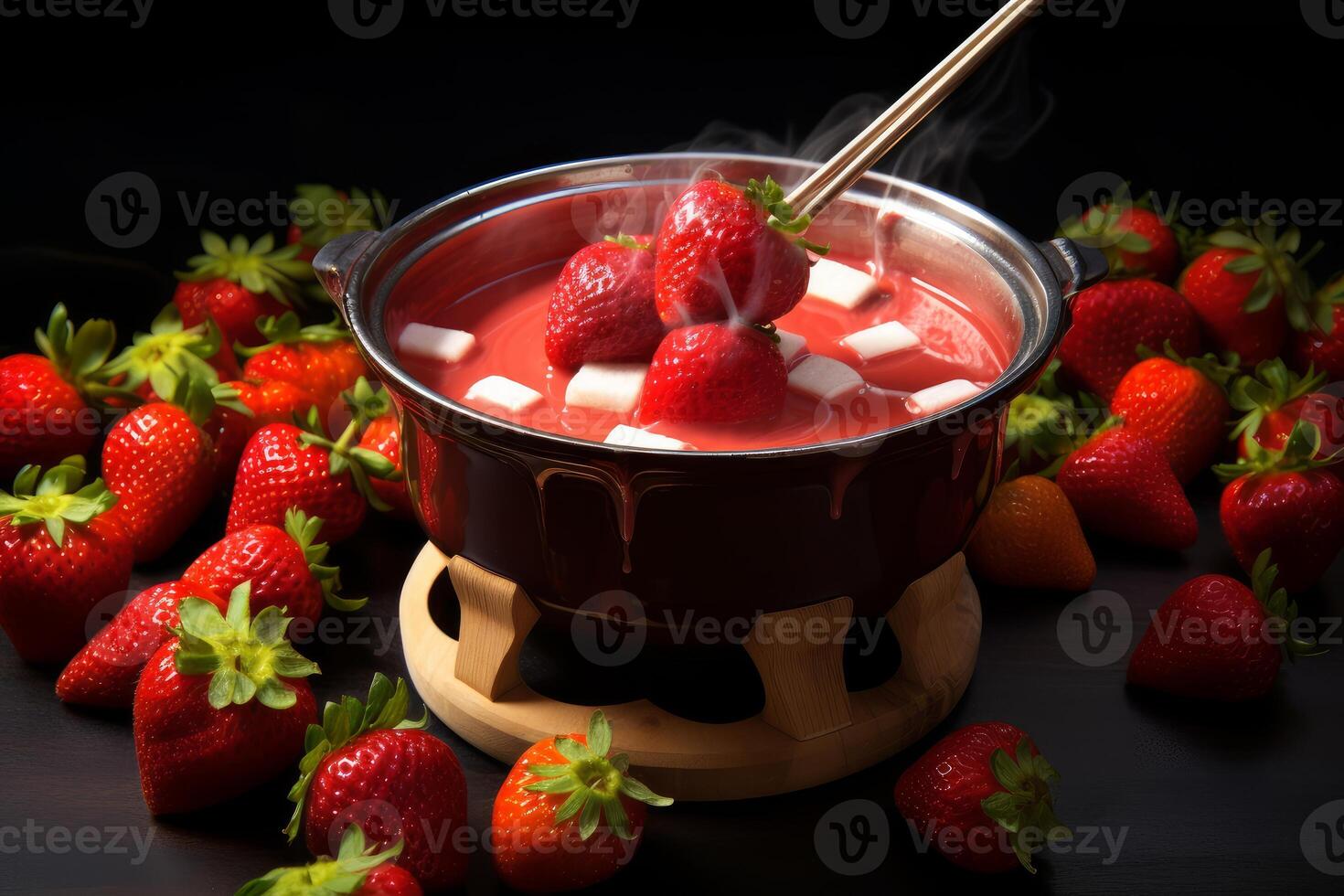 Dipping strawberries into hot pink chocolate fondue, romantic dessert photo