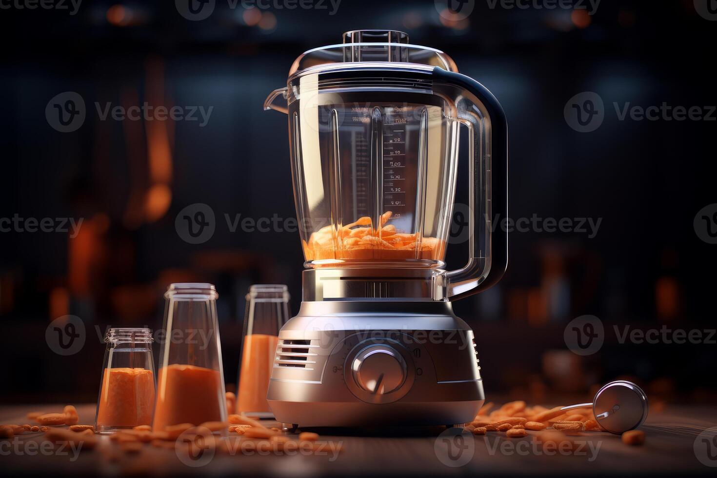Modern blender processing carrot on kitchen countertop photo