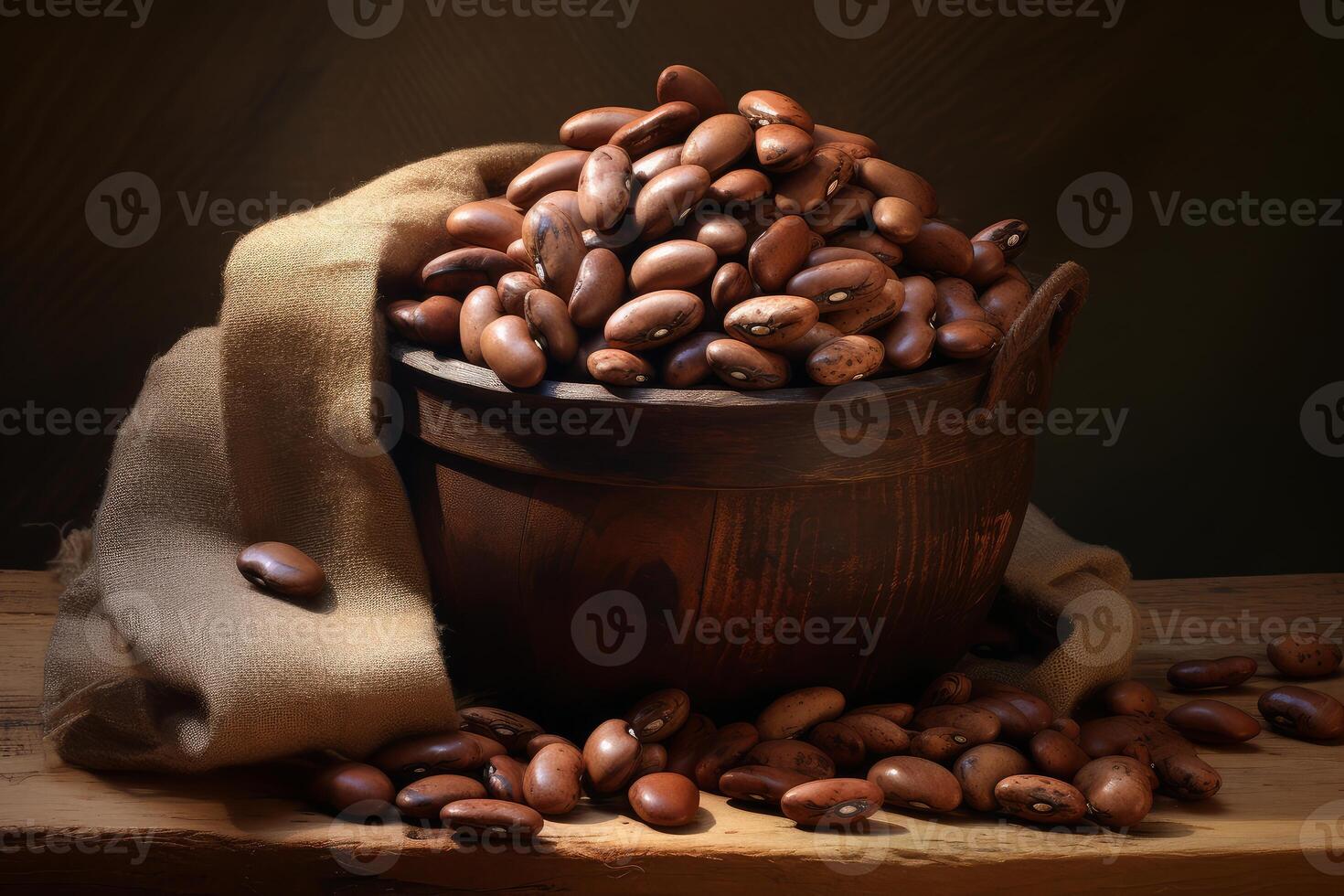 Rajma beans overflowing from wooden bowl on rustic table with burlap sack photo