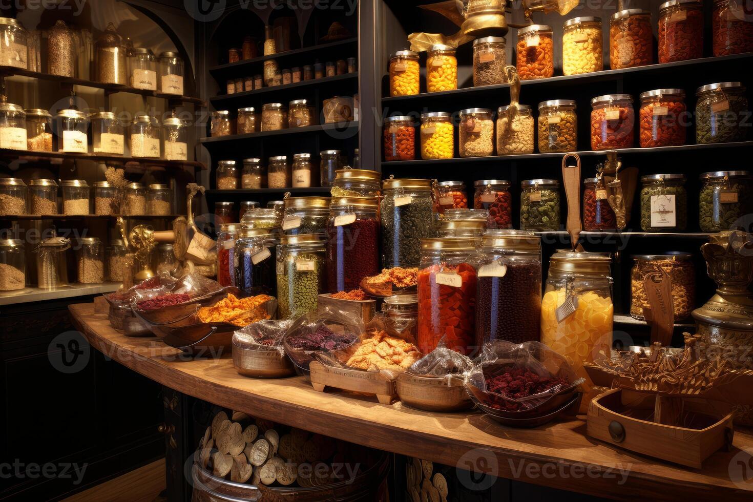 Colorful spices and herbs filling glass jars in traditional store photo