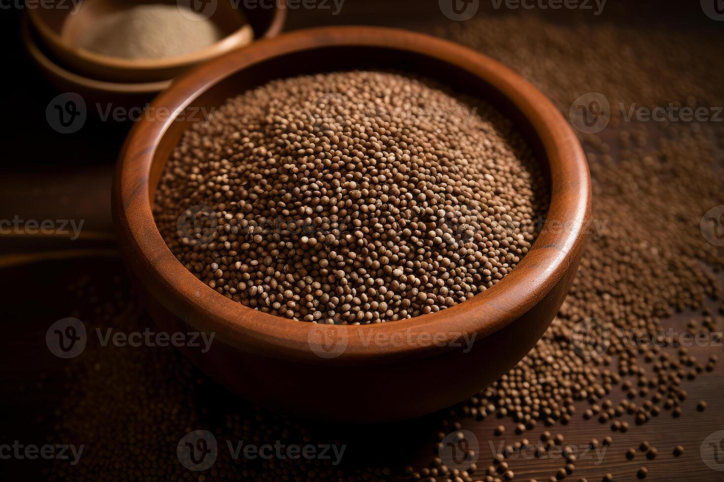 Wooden bowl overflowing with nutritious amaranth seeds on rustic table photo