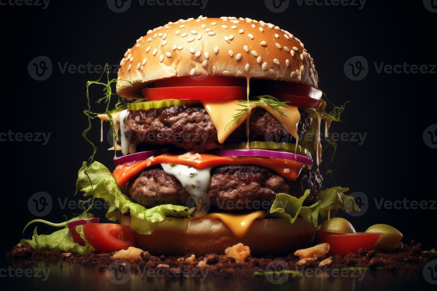 Delicious double burger dripping with cheese and sauce on a dark background photo
