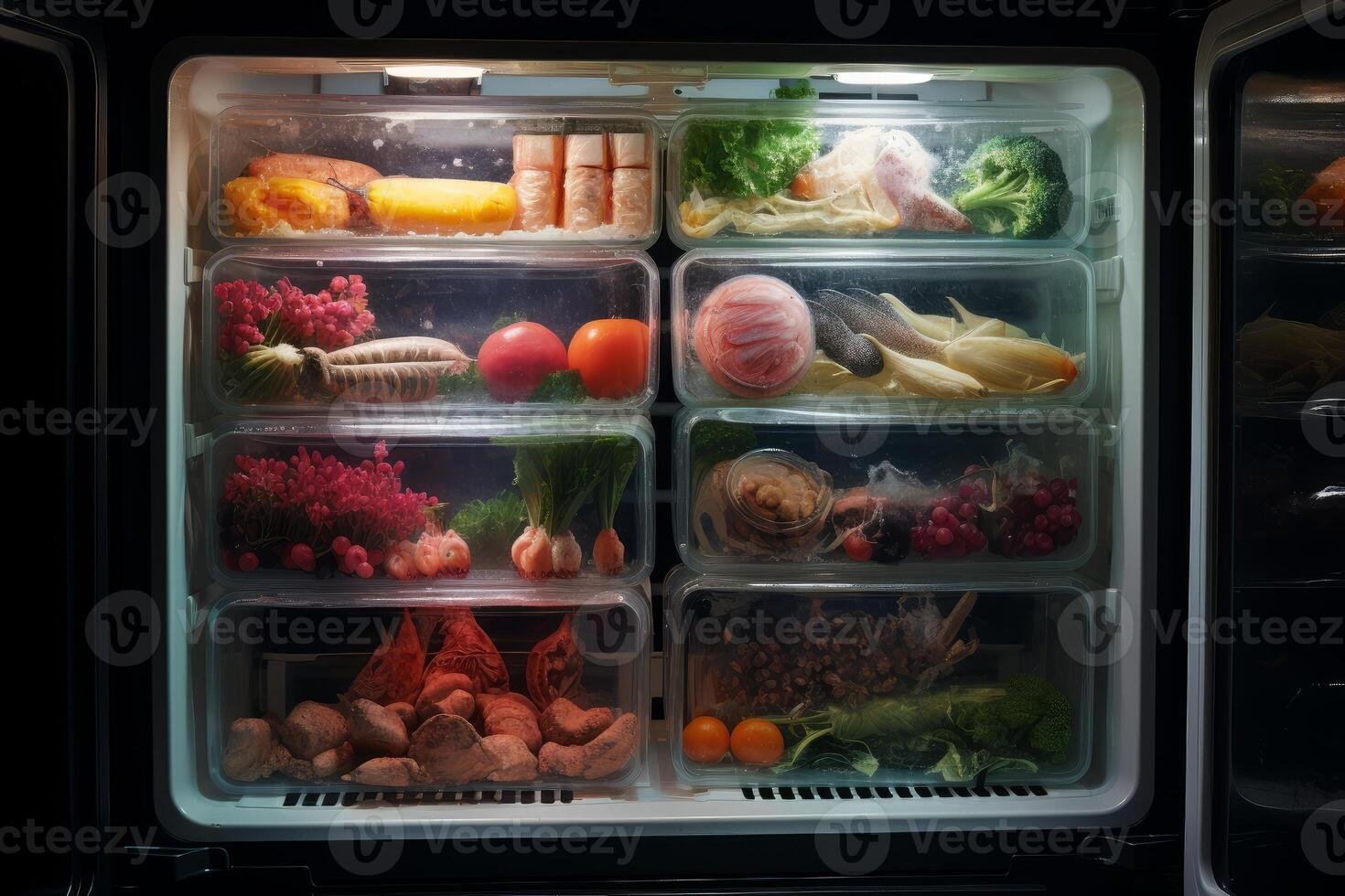 Refrigerator preserving various food and flowers in transparent containers photo