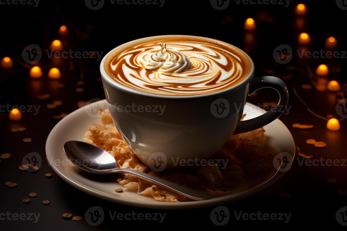 Latte art coffee with whipped cream and festive lights creating cozy atmosphere photo