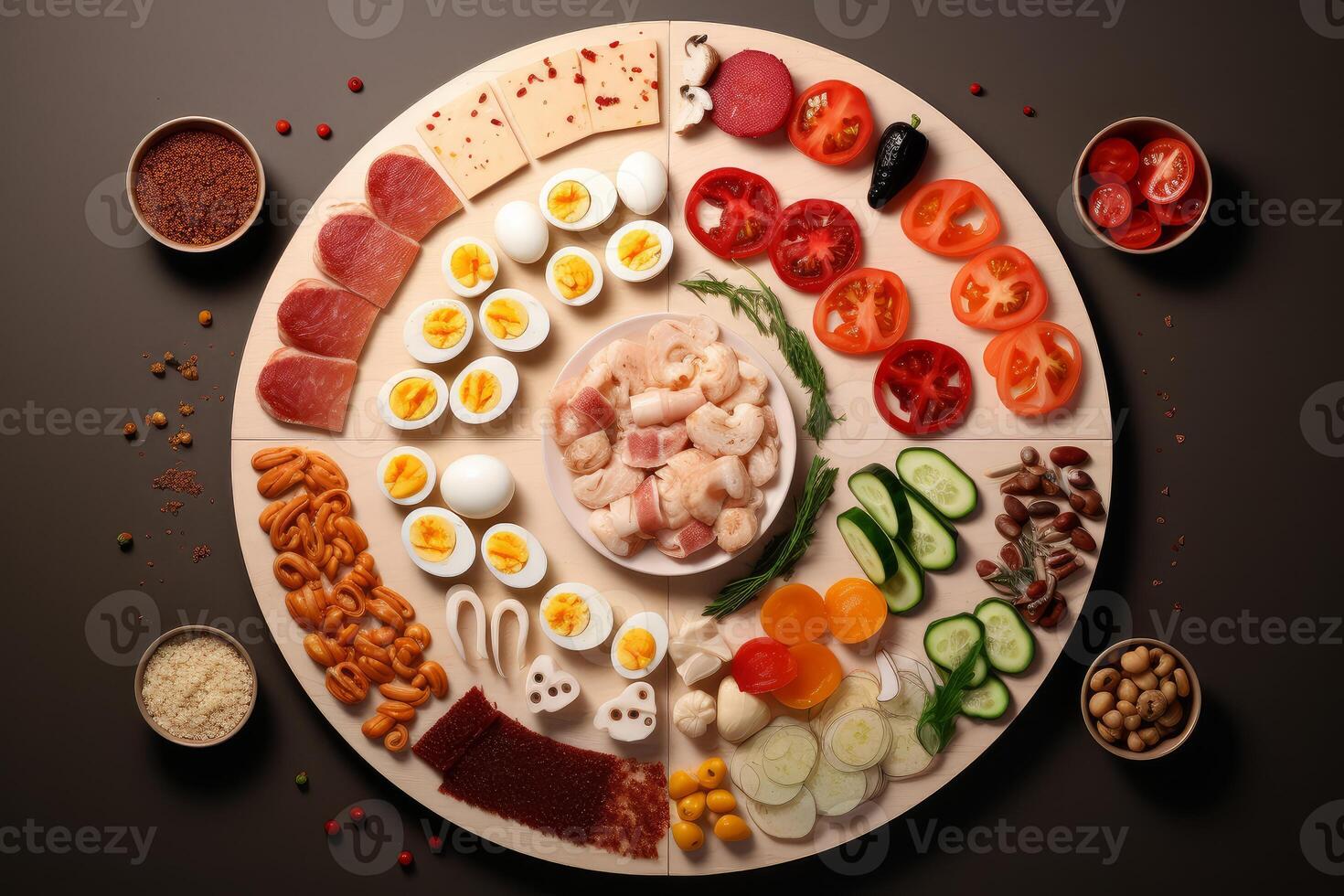Circular wooden tray presenting various food items, creating colorful and delicious composition photo